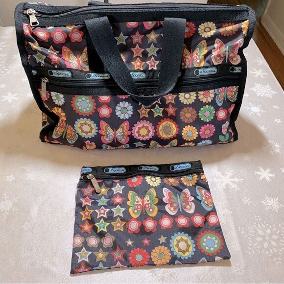 Large Lesportsac Tote Shopper & Makeup Bag Butterfly & Floral Zip Closure - Picture 1 of 6